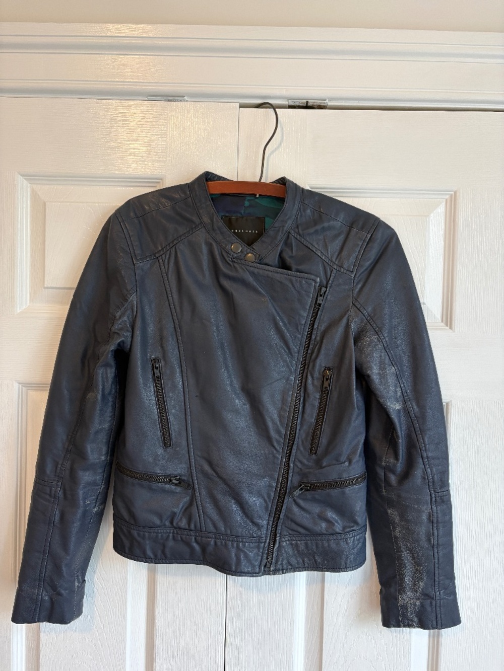 Sanctuary Navy Leather Moto Jacket Asymmetric Zip Camo Lining